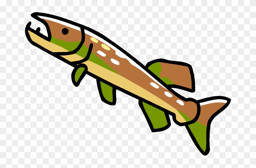 Cartoon-style fish with brown and green stripes, open mouth, and white spots on a transparent background.