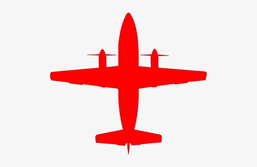 Red silhouette of a twin-propeller aircraft viewed from above on white background.