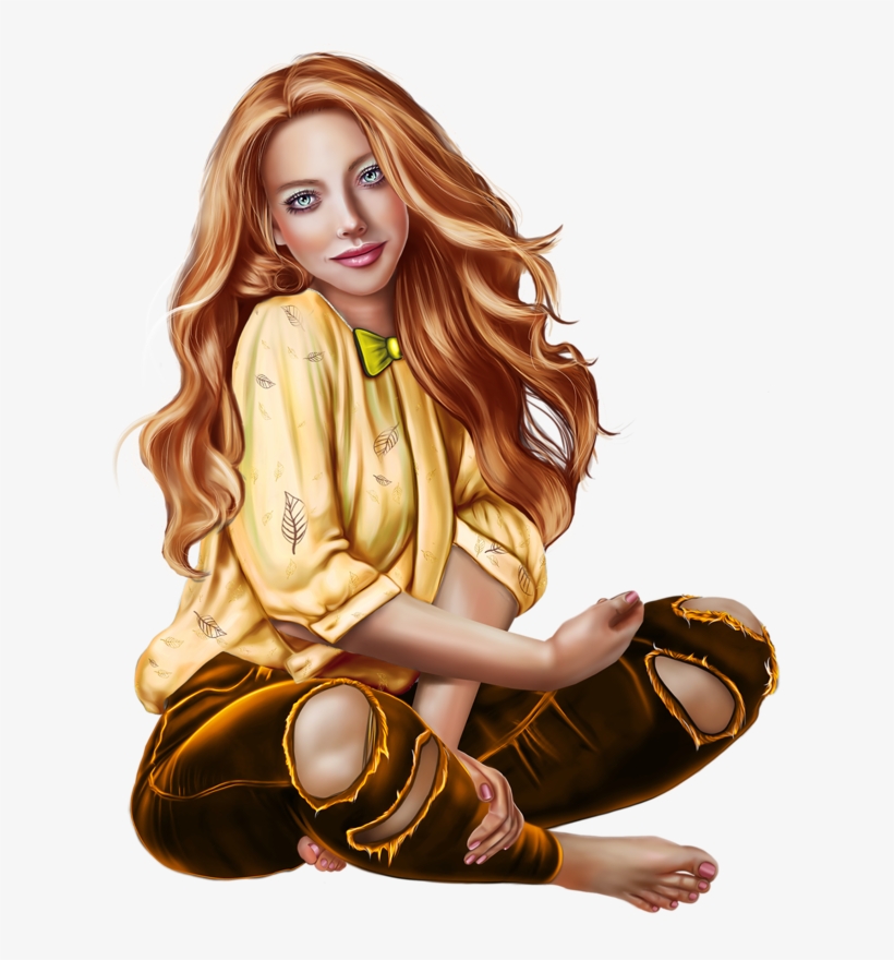 Digital Art Illustration of Stylish Young Woman in Yellow Blouse and Ripped Pants
