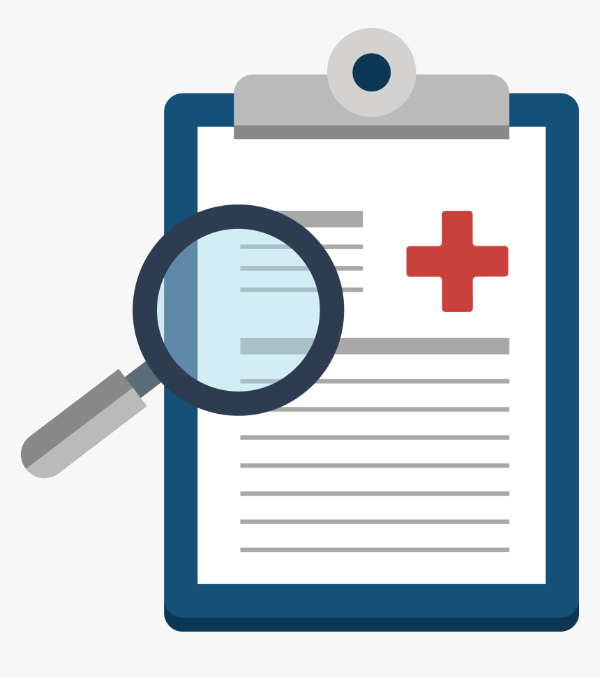 Magnifying glass inspecting a medical document on a clipboard with a red cross symbol.