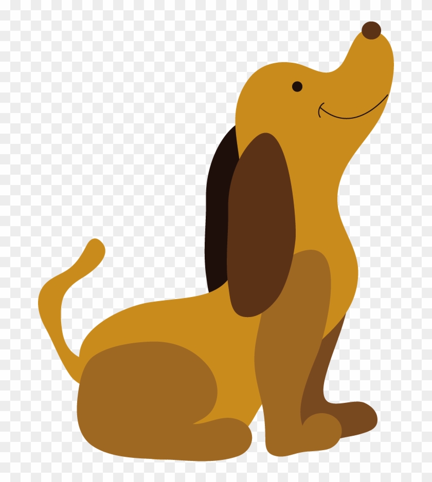 Smiling cartoon brown dog sitting upright with floppy ears and curled tail on transparent background.