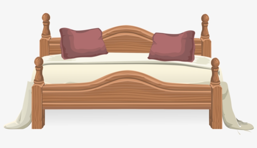 Wooden four-poster bed with cream bedding and two maroon pillows, classic design illustration.