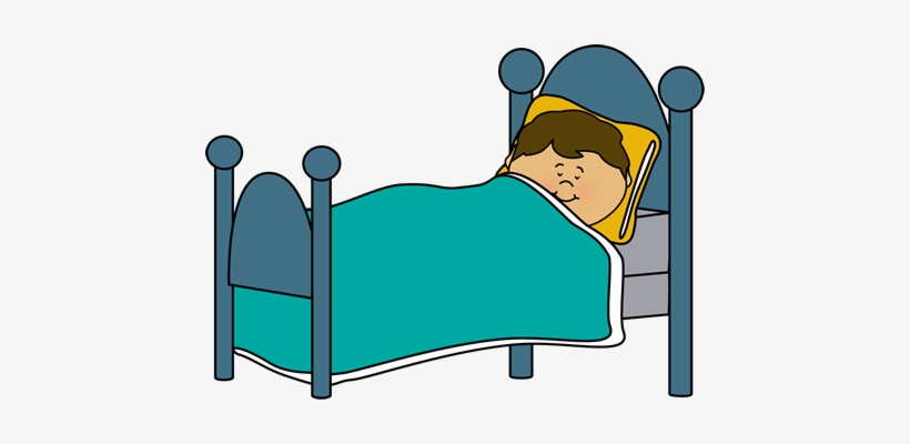 A cartoon child sleeping peacefully in a blue bed with a teal blanket and yellow pillow.