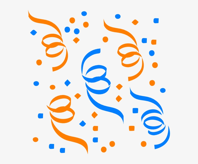 Orange and blue celebratory confetti with streamers and geometric shapes on white background.