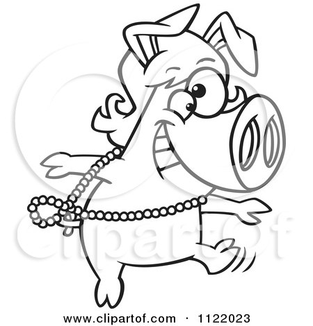 Cartoon pig dancing joyfully with a pearl necklace, wide grin and expressive eyes.