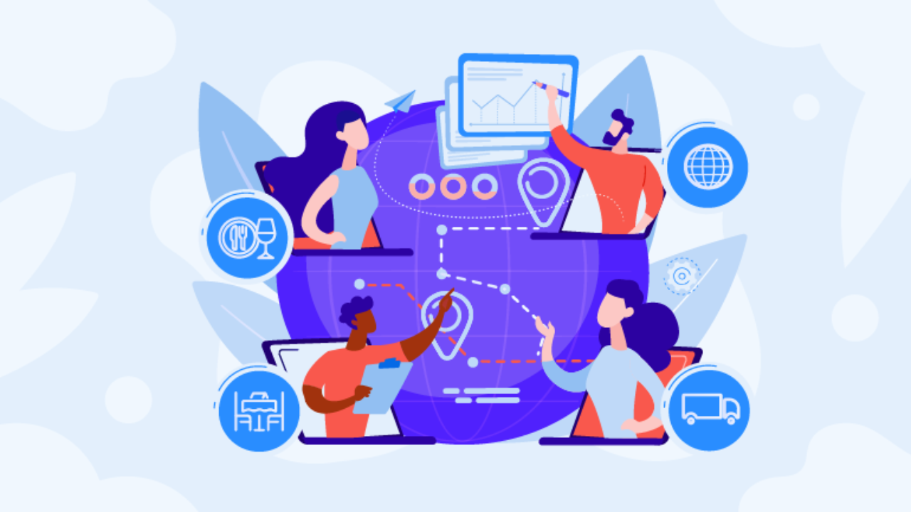 Four diverse professionals collaborate around a global map with data charts, location pins, and industry icons like food, logistics, and tech.