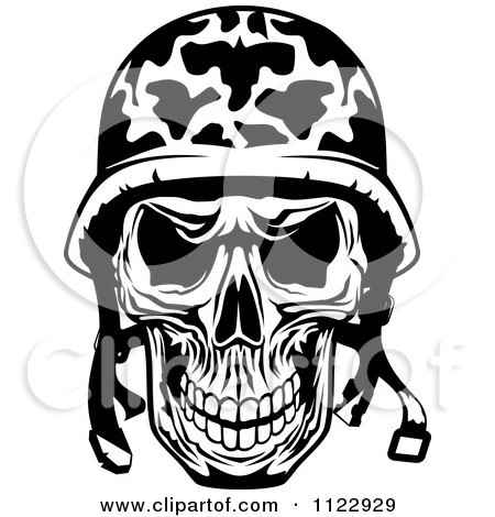 Skull wearing a military helmet with camouflage pattern and chin strap, black-and-white vector illustration.