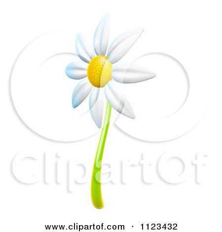 A stylized white daisy with a yellow center and green stem on a white background.
