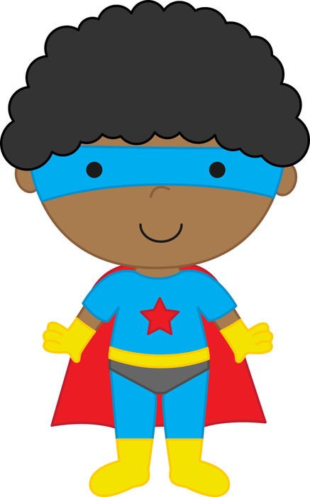 Smiling Black child superhero with afro, blue mask, red cape, and star emblem on chest.