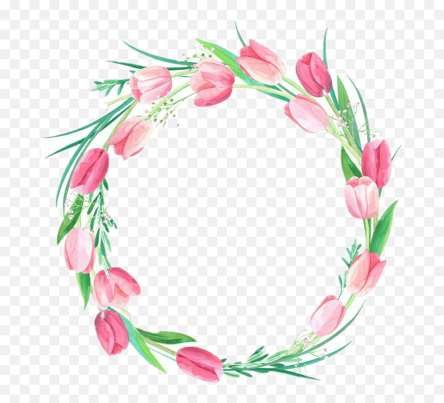 Watercolor pink tulip wreath with green leaves and delicate filler flowers on transparent background.