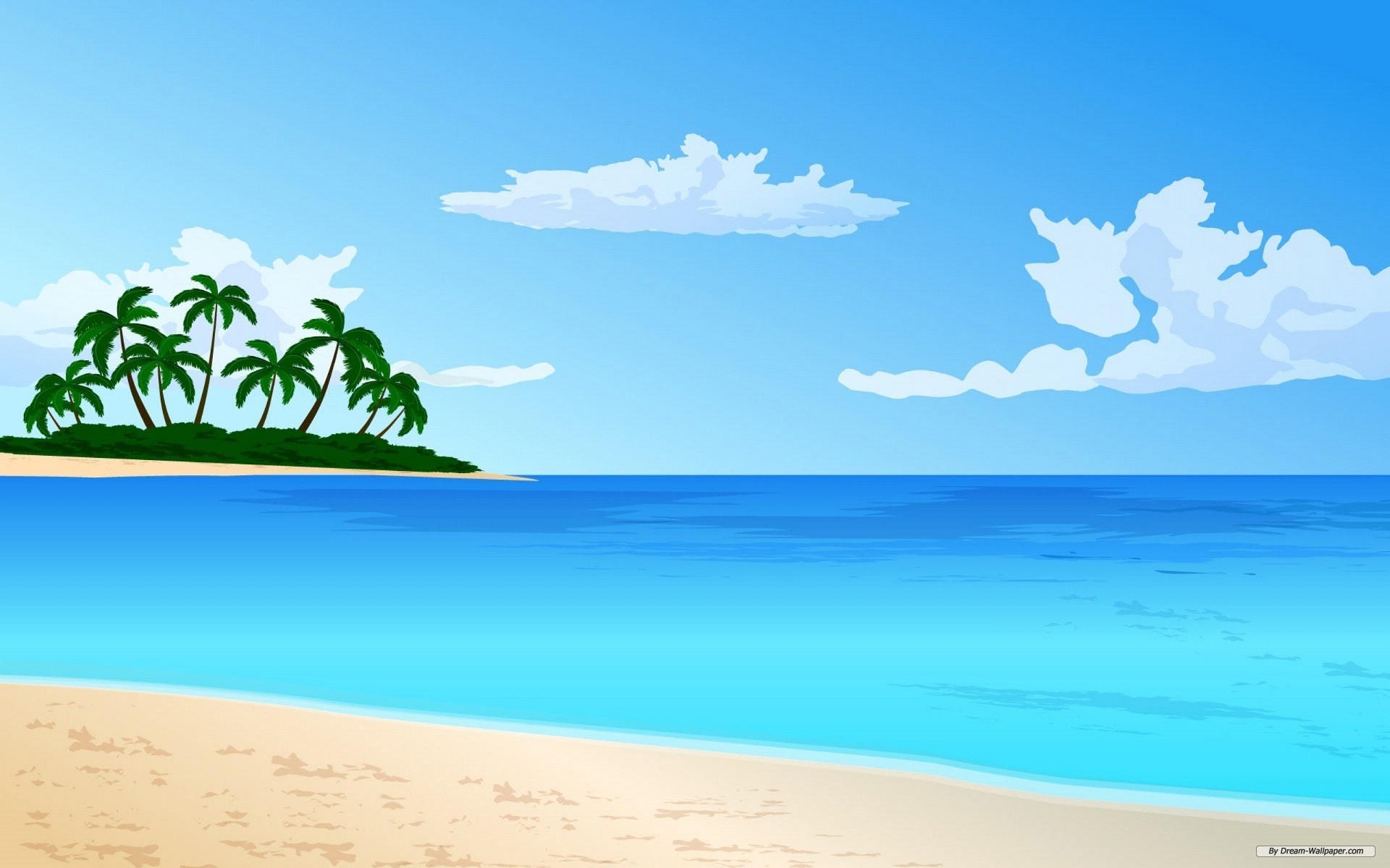 Tropical beach with palm trees on a small island, turquoise ocean, and clear blue sky with scattered clouds.
