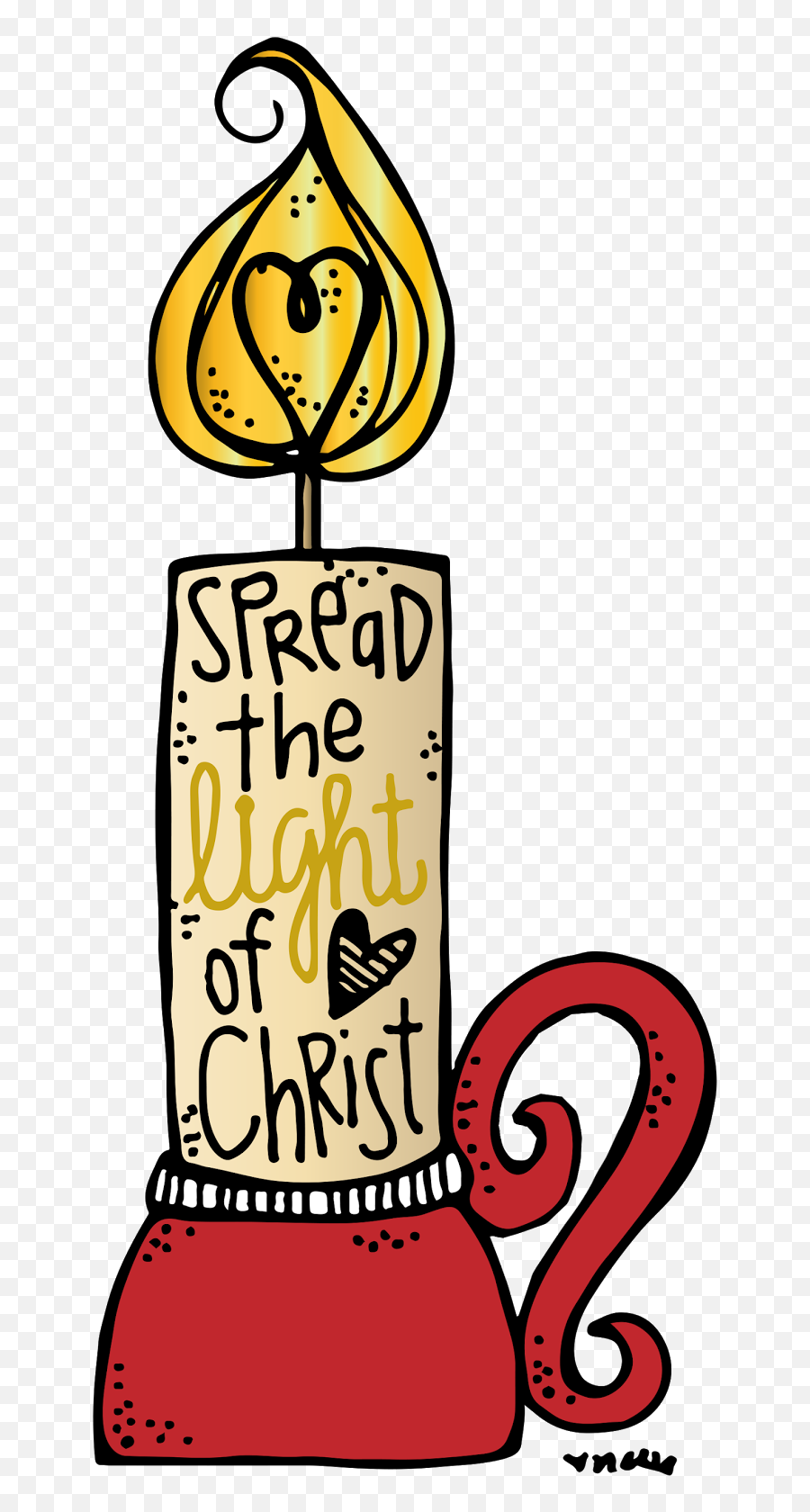 A hand-drawn candle with a heart-shaped flame and text "Spread the Light of Christ" on its body, set in a red holder with decorative swirls.