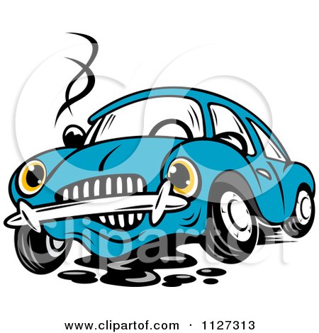 Cartoon blue vintage car with angry face, smoking engine, and oil leak, in dynamic motion.