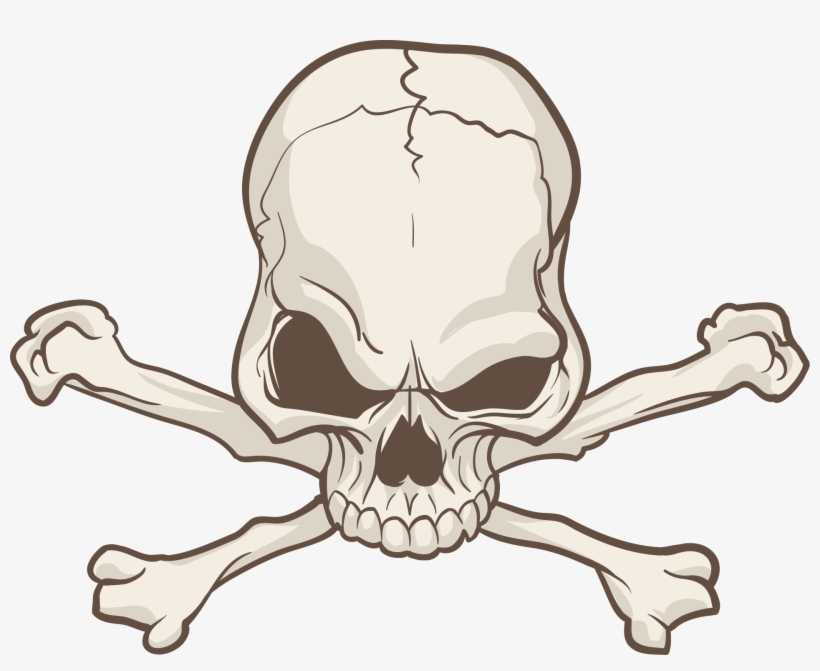 Skull and crossbones symbol, stylized cartoon illustration with cracked cranium and crossed femur bones.
