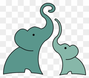 Teal mother and baby elephant illustration with raised trunks, minimalist cartoon style on transparent background.