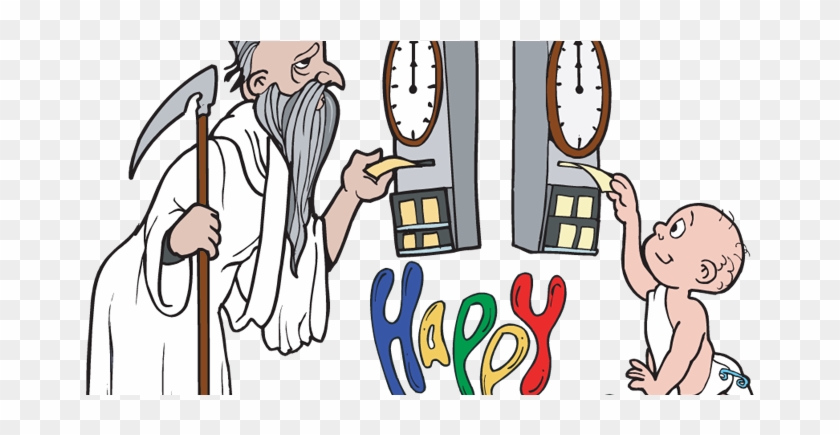 A cartoon of Father Time with a scythe and a baby reaching for clocks, with "Happy" in colorful letters below.