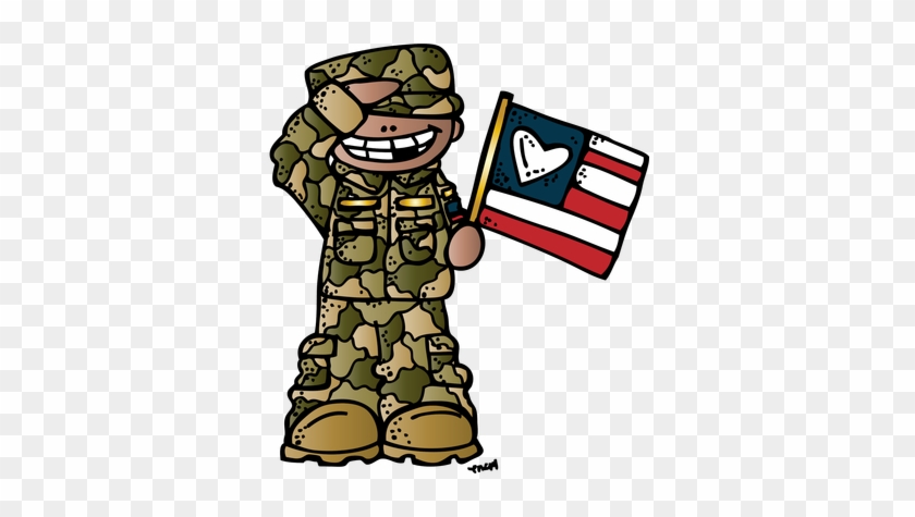 Smiling cartoon soldier in camouflage uniform saluting while holding a U.S. flag with a heart symbol.