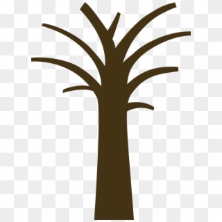 Brown silhouette of a leafless tree with branching limbs on transparent background.