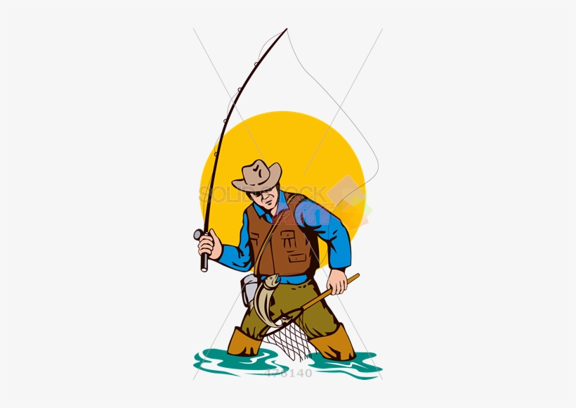 Fisherman in waders and cowboy hat holding rod and net, standing in water with sun behind.