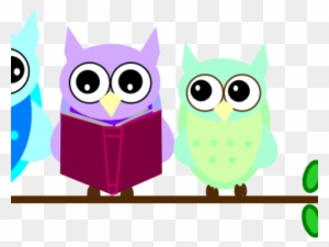 Three colorful cartoon owls perched on a branch; one reads a book while the others look on.