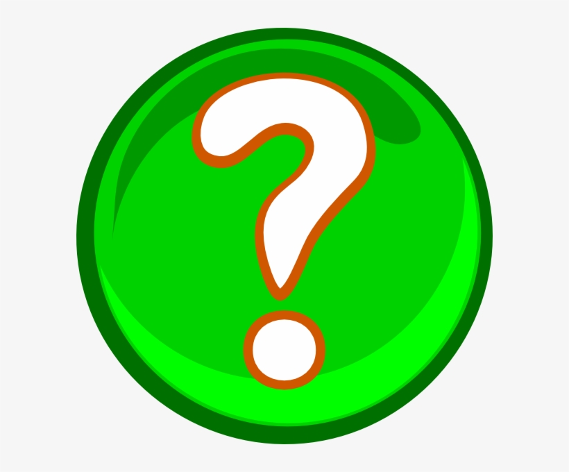 Green glossy circular button with a white question mark outlined in orange, symbolizing help or inquiry.