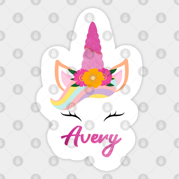 Glittery pink unicorn sticker with floral crown, rainbow mane, and name "Avery" in cursive script.