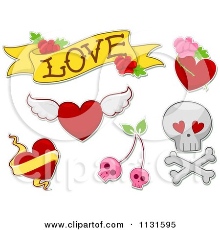 Tattoo-style love icons including hearts, wings, skulls, cherries, and a "LOVE" banner with roses.