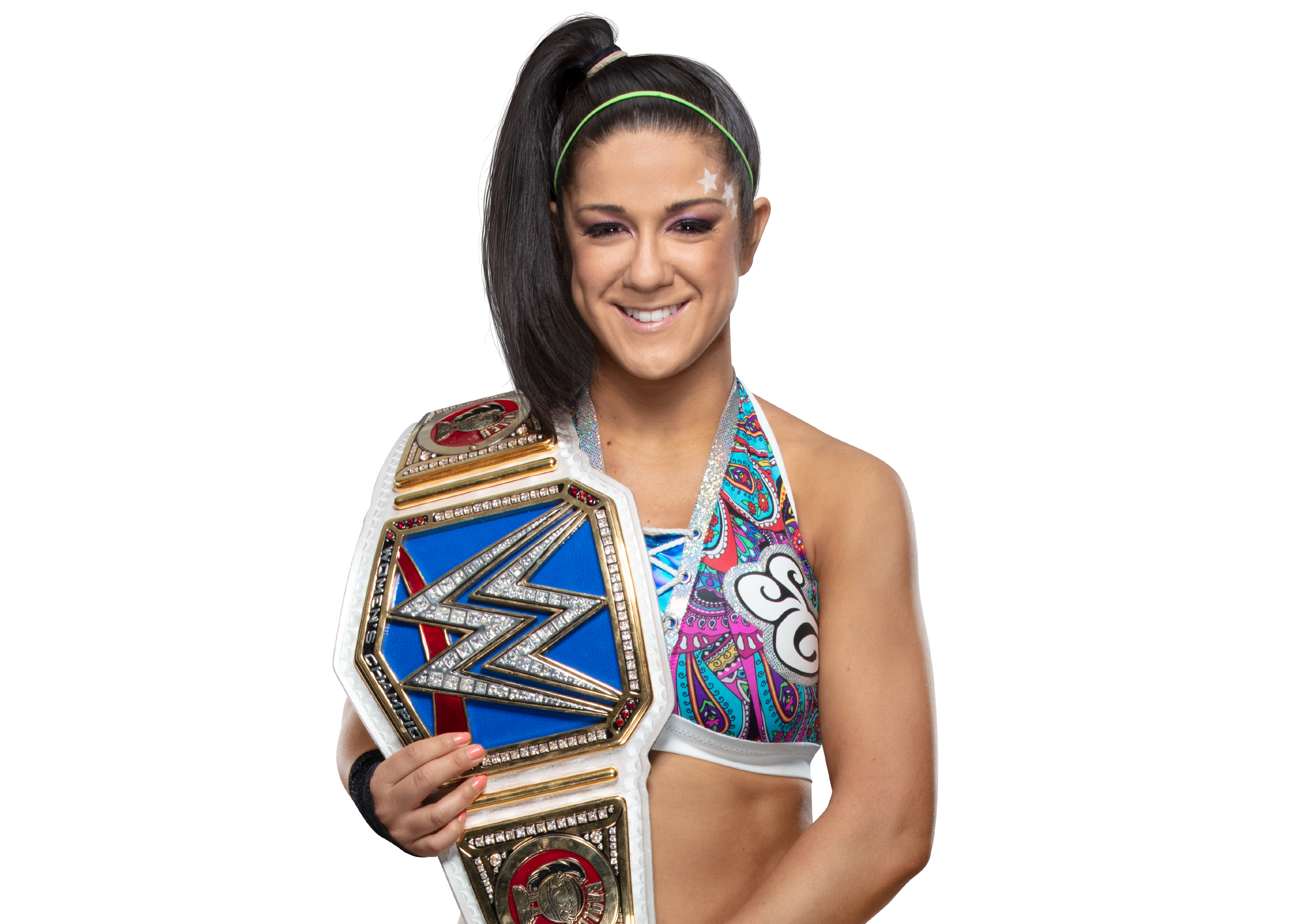 WWE Women’s Champion holding championship belt, smiling in colorful attire with star face paint and green headband.