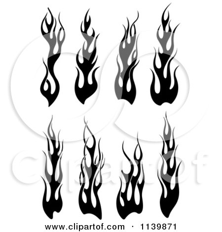 Eight black and gray tribal flame designs arranged in two rows on white background.