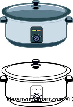 Illustration of a modern slow cooker with digital control panel and lid, shown in color and black-and-white versions.