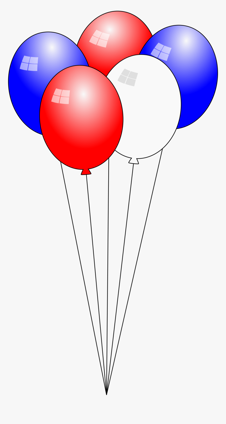 Five colorful balloons-red, white, and blue-with Windows logo reflections, tied together by strings.
