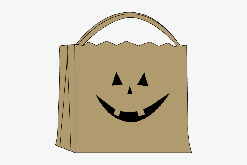 Brown paper Halloween trick-or-treat bag with jack-o'-lantern face and handle.
