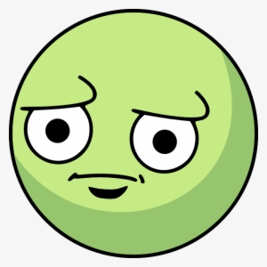 Green cartoon face with skeptical, side-eye expression and slight smirk.