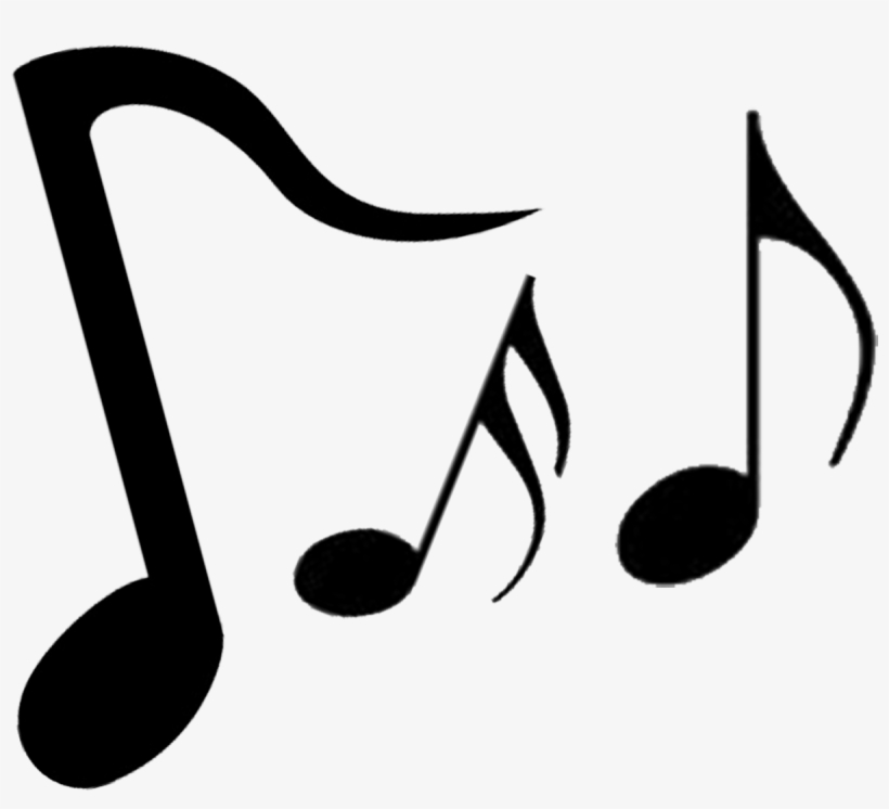 Black musical notes including a sixteenth note beam, an eighth note, and a quarter note on white background.