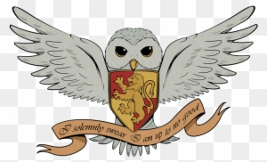 A grey owl with outstretched wings holds a heraldic shield bearing a golden lion on red, with a banner reading "I solemnly swear I am up to no good."