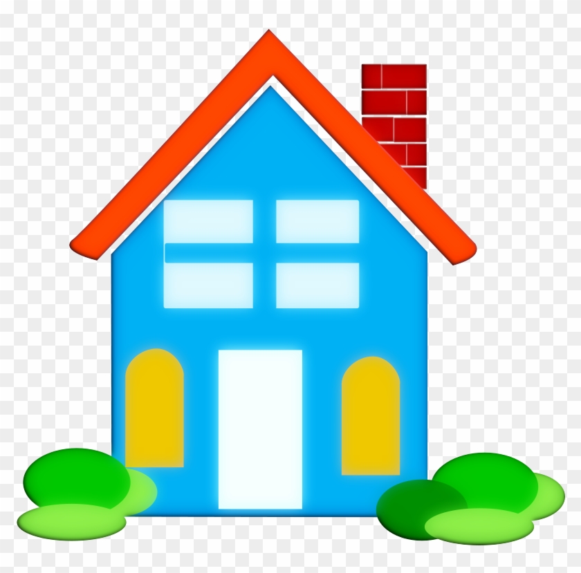 Bright blue cartoon house with orange roof, red chimney, yellow windows, white door, and green bushes.