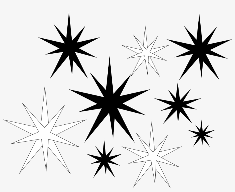 Black and white starburst shapes in various sizes and point counts, arranged on a light background.