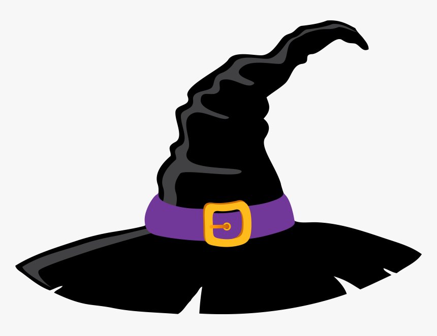 Classic black witch hat with purple band and gold buckle, pointed and wavy brim.