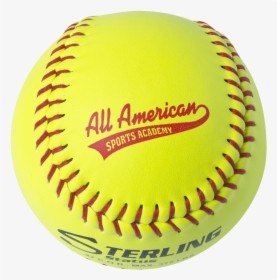 Bright yellow softball with red stitching, branded "All American Sports Academy" and "Sterling" logos.