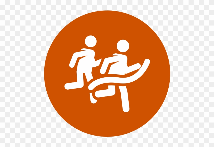 Two white stick figures in an orange circle passing a baton, symbolizing relay race teamwork.
