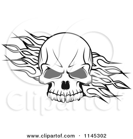 Black-and-white skull with stylized flame motifs on both sides, bold tattoo-style illustration.