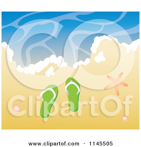 Green flip-flops on sandy beach with ocean waves, starfish, and seashells.