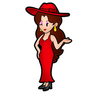 Cartoon woman in a red dress and wide-brimmed red hat, posing confidently with long brown hair and gold earrings.