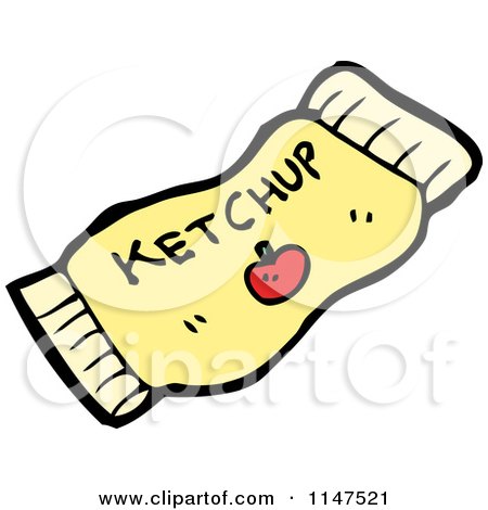 Cartoon-style yellow ketchup squeeze tube with smiling face and tomato icon.