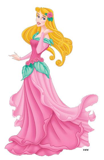 Disney Princess Aurora in a flowing pink gown with green accents and floral details, golden hair adorned with flowers.
