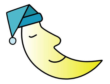 A smiling crescent moon wearing a blue nightcap, peacefully sleeping with closed eyes.