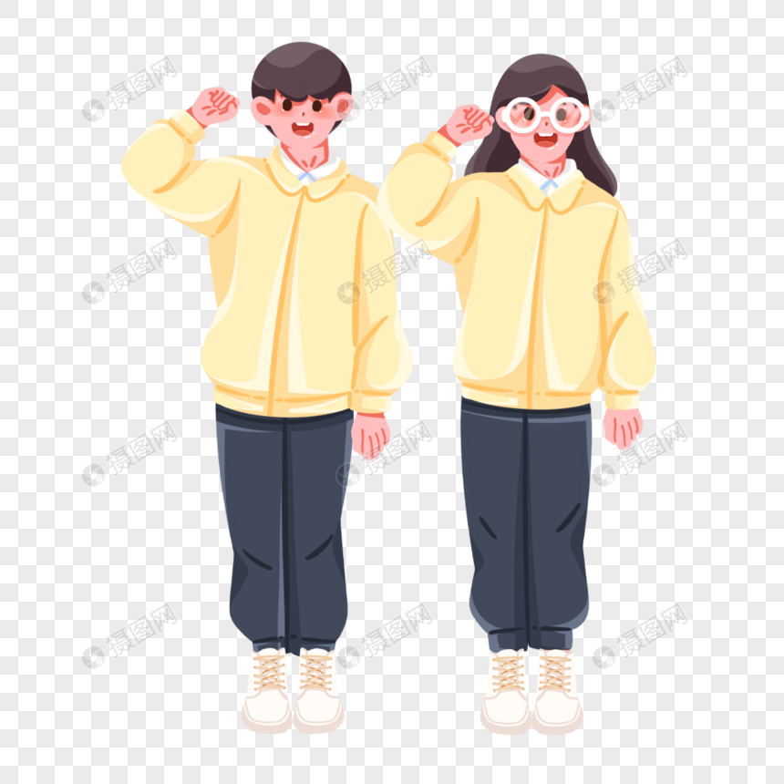 Two cheerful cartoon students in matching yellow jackets and dark pants, waving with one hand raised.