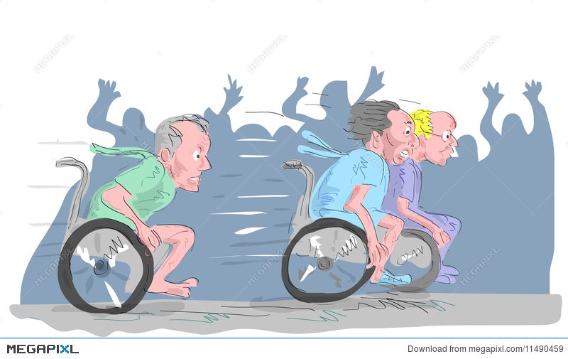 Three individuals in wheelchairs racing competitively, with cheering crowd silhouettes behind them.