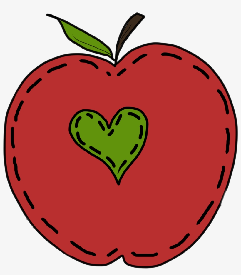 Red apple with stitched outline and green heart in center, symbolizing love, health, or care.