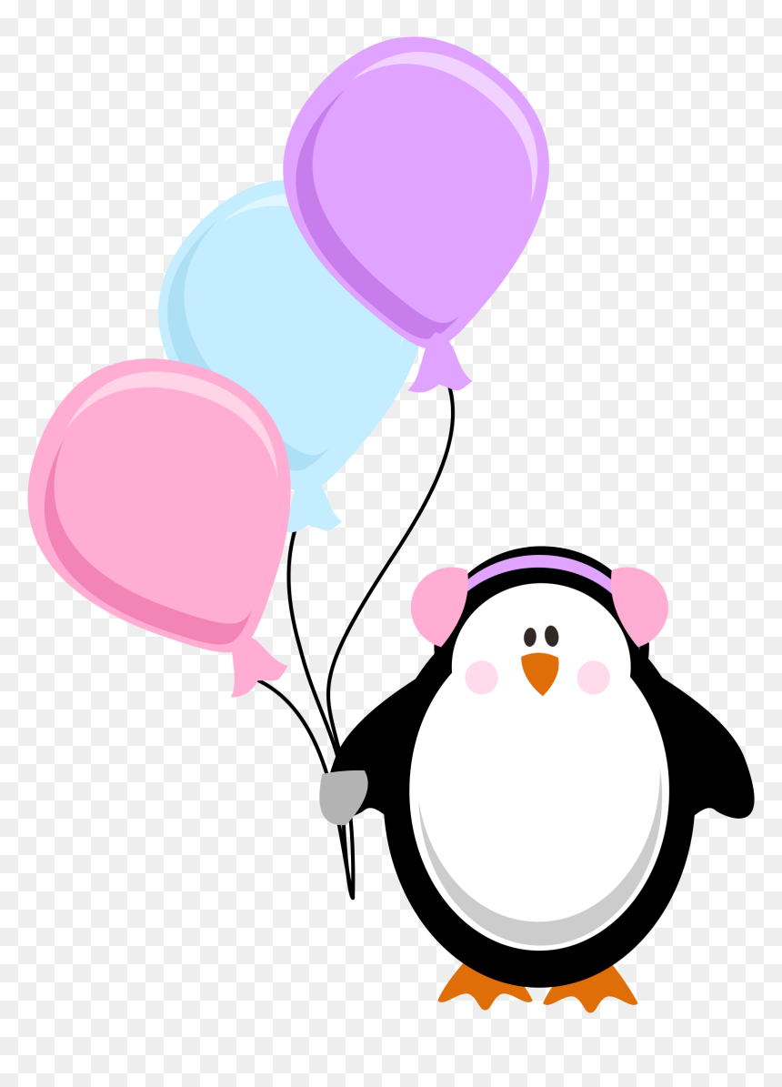 Cute cartoon penguin holding pink, blue, and purple balloons with pink earmuffs and orange beak/feet.